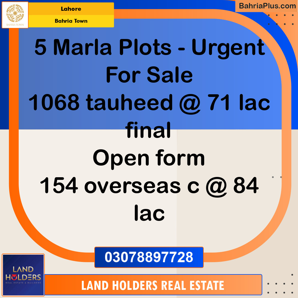 5 Marla Residential Plot for Sale in Bahria Town, Lahore - (BP-219888)