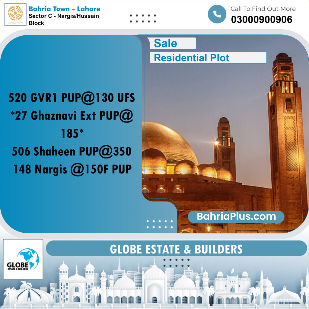 Residential Plot for Sale in Sector C - Nargis/Hussain Block - Bahria Town, Lahore - (BP-220224)