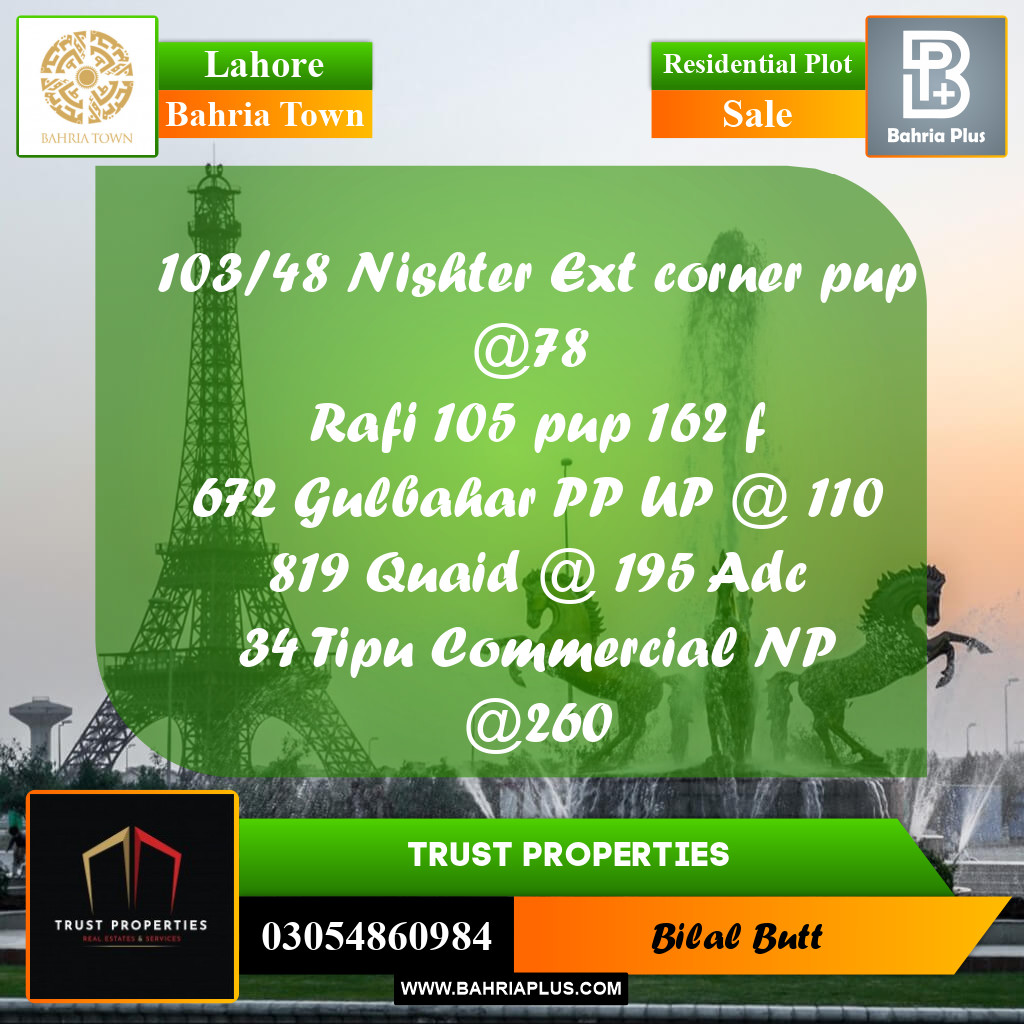 Residential Plot for Sale in Bahria Town, Lahore - (BP-220253)