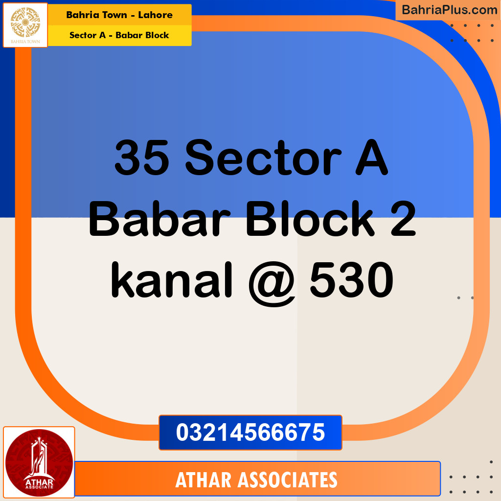 2 Kanal Residential Plot for Sale in Sector A - Babar Block - Bahria Town, Lahore - (BP-220322)