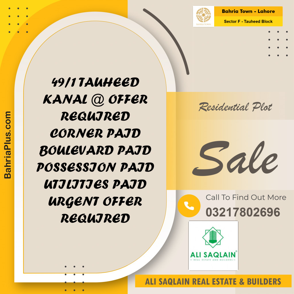 20 Marla Residential Plot for Sale in Sector F - Tauheed Block -  Bahria Town, Lahore - (BP-220333)