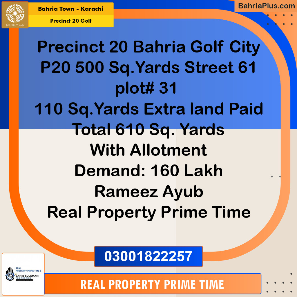 500 Sq. Yards Residential Plot for Sale in Precinct 20 Golf - Bahria Town, Karachi - (BP-220363)