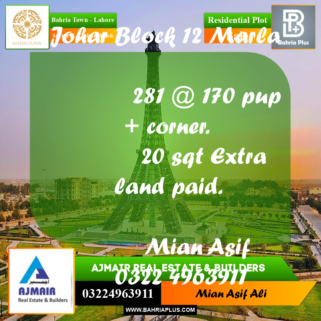 Residential Plot for Sale in Sector E - Johar Block -  Bahria Town, Lahore - (BP-220432)