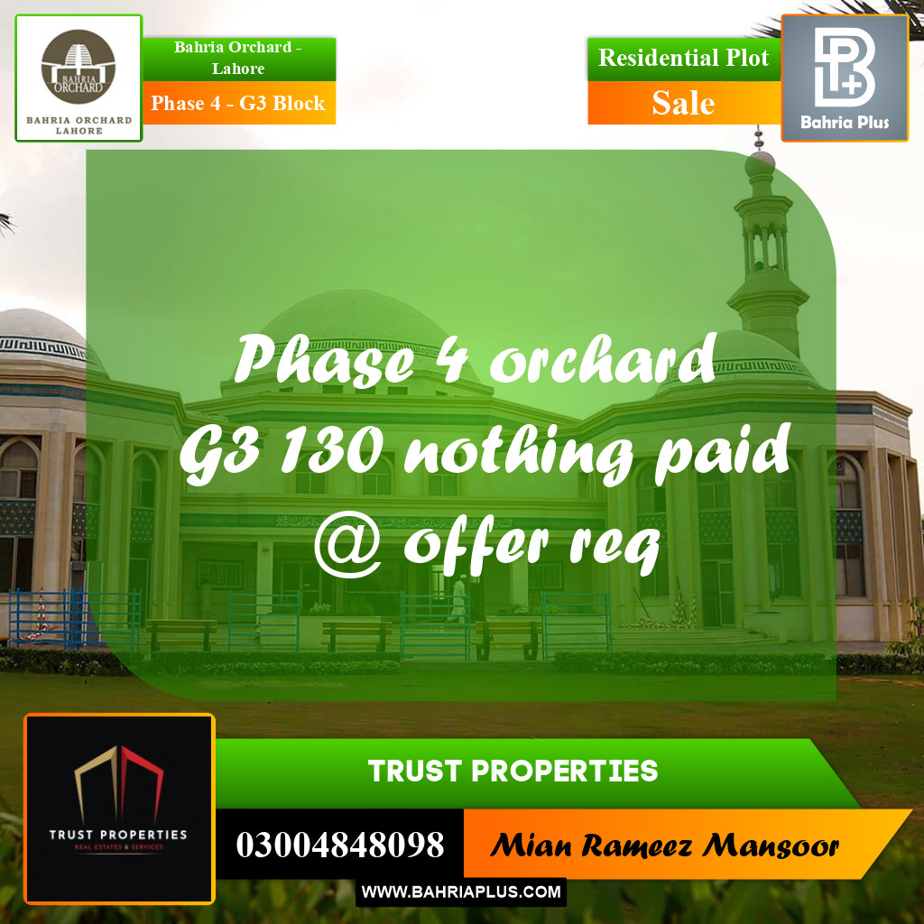 10 Marla Residential Plot for Sale in Phase 4 - G3 Block -  Bahria Orchard, Lahore - (BP-220446)