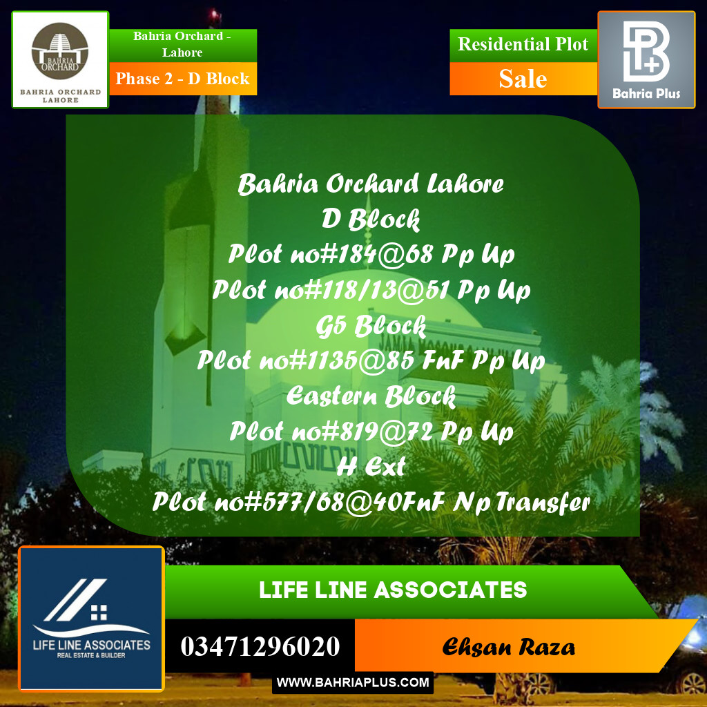 8 Marla Residential Plot for Sale in Phase 2 - D Block -  Bahria Orchard, Lahore - (BP-220540)