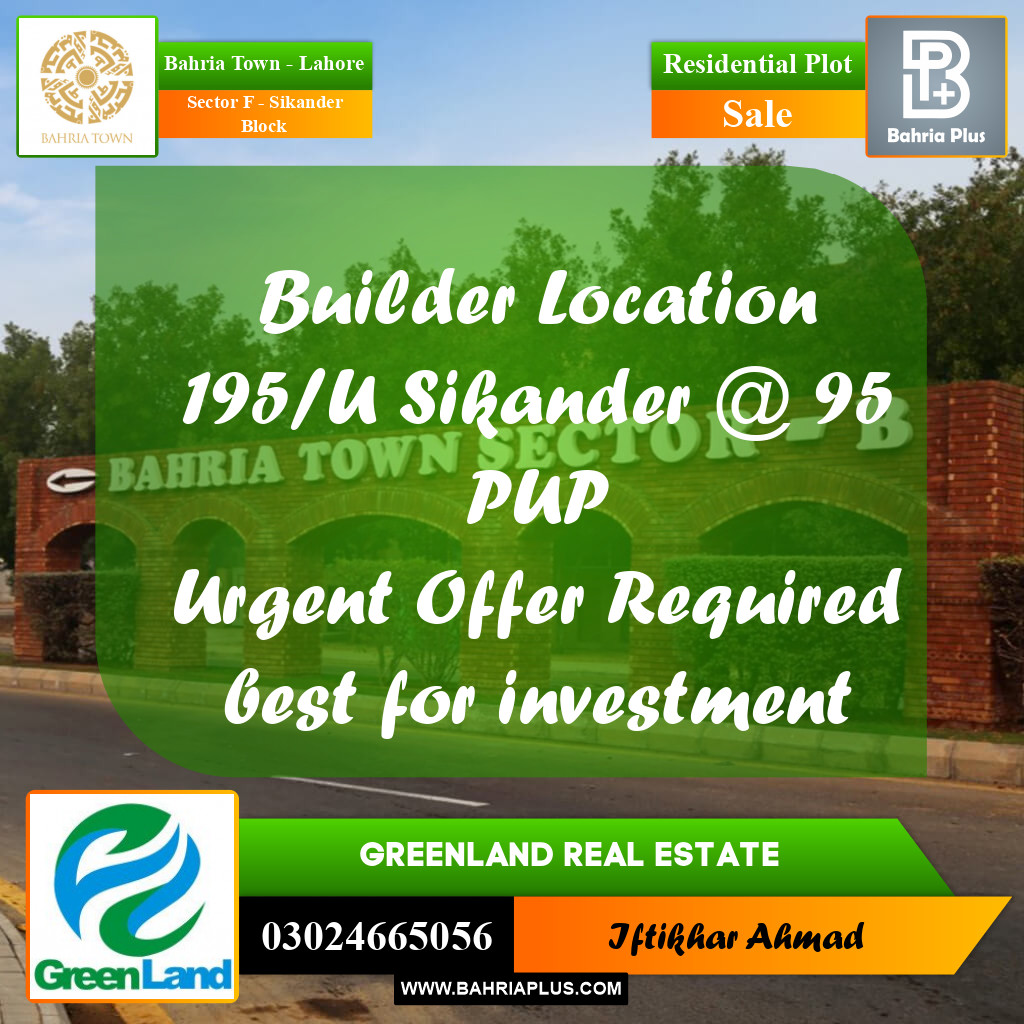 10 Marla Residential Plot for Sale in Sector F - Sikander Block - Bahria Town, Lahore - (BP-220636)