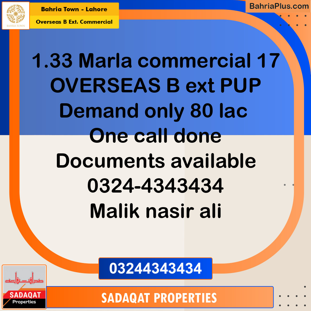 1.33 Marla Commercial Plot for Sale in Overseas B Ext. Commercial -  Bahria Town, Lahore - (BP-220667)