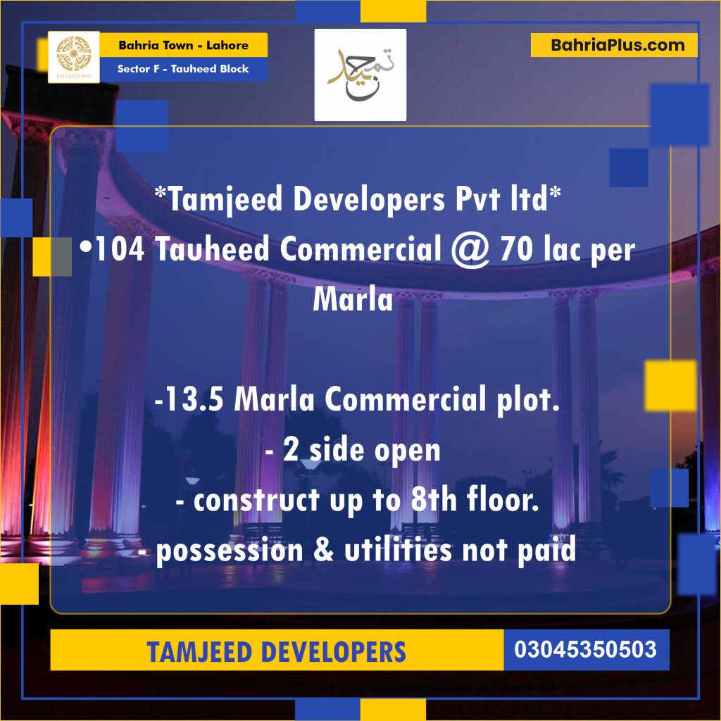 13 Marla Residential Plot for Sale in Sector F - Tauheed Block -  Bahria Town, Lahore - (BP-220843)