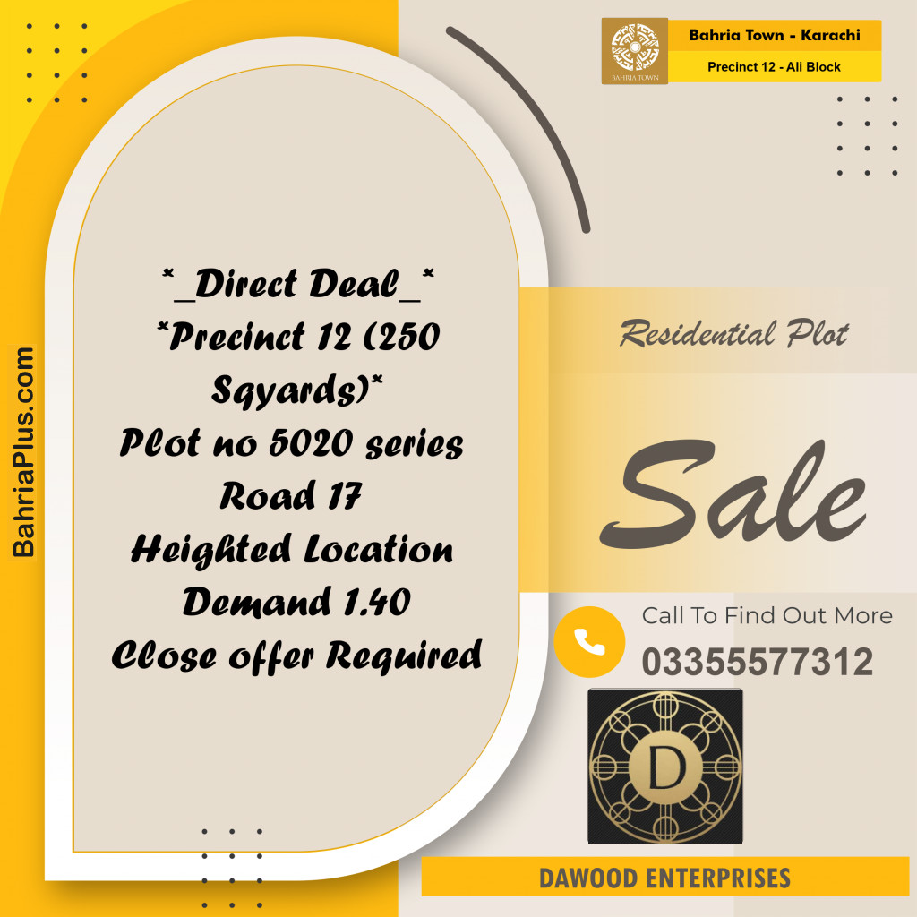 250 Sq. Yards Residential Plot for Sale in Precinct 12 - Ali Block -  Bahria Town, Karachi - (BP-221125)