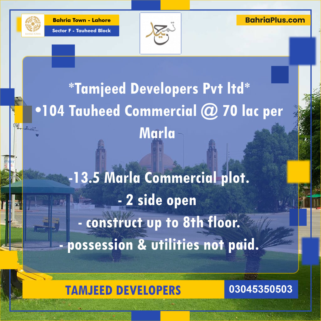 13 Marla Residential Plot for Sale in Sector F - Tauheed Block -  Bahria Town, Lahore - (BP-221144)