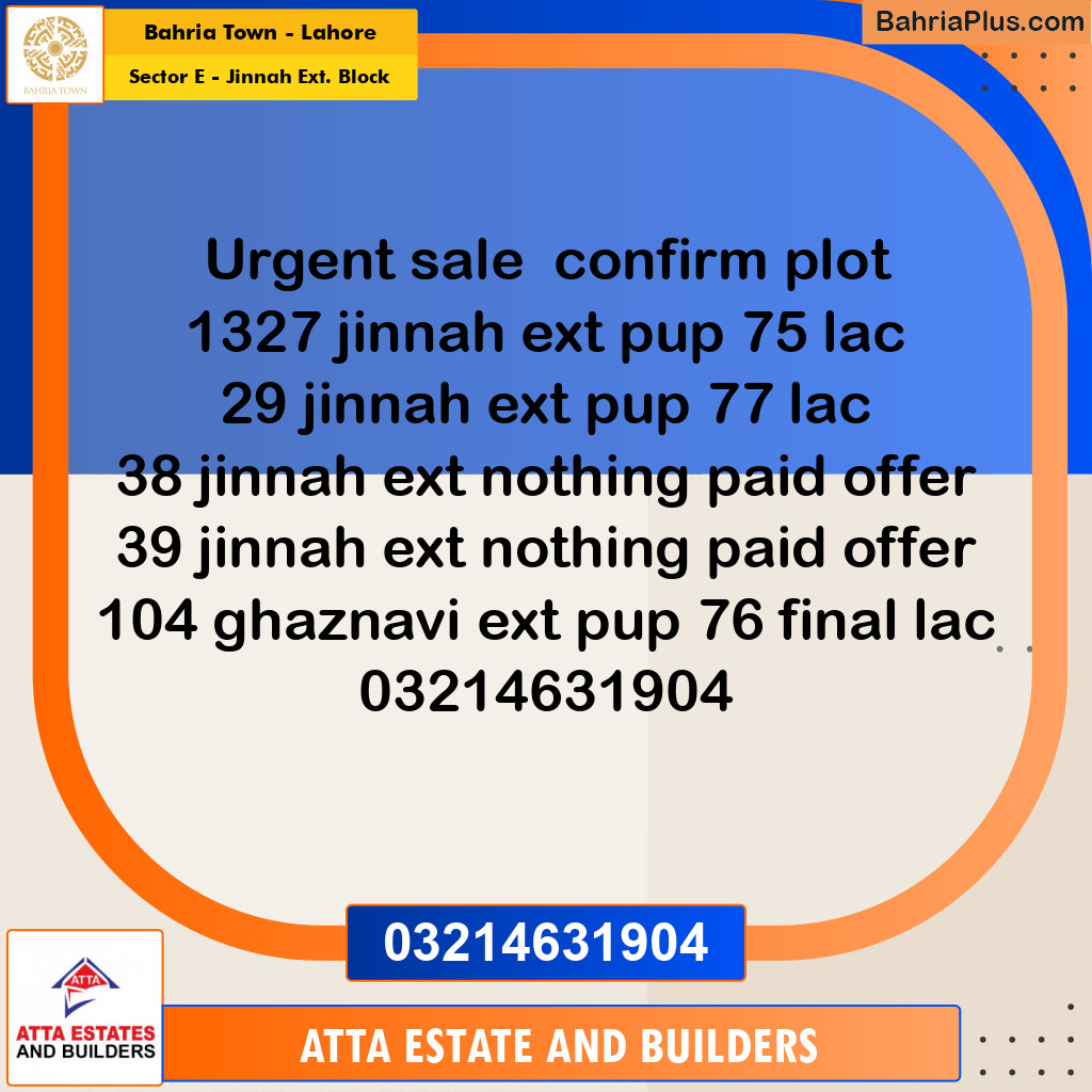 5 Marla Residential Plot for Sale in Sector E - Jinnah Ext. Block -  Bahria Town, Lahore - (BP-221147)