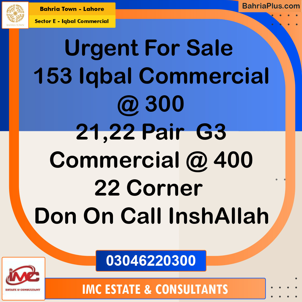 Commercial Plot for Sale in Sector E - Iqbal Commercial -  Bahria Town, Lahore - (BP-221163)