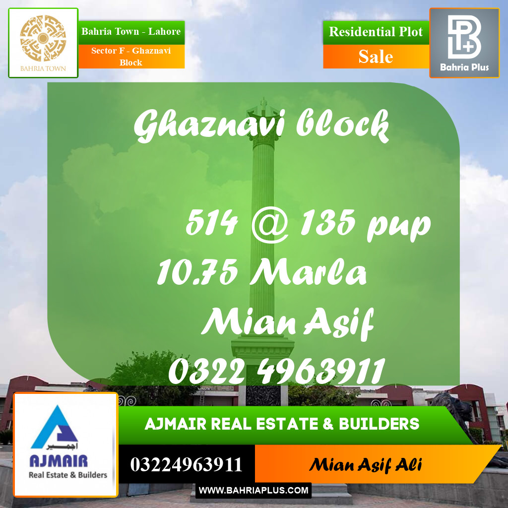 Residential Plot for Sale in Sector F - Ghaznavi Block -  Bahria Town, Lahore - (BP-221190)