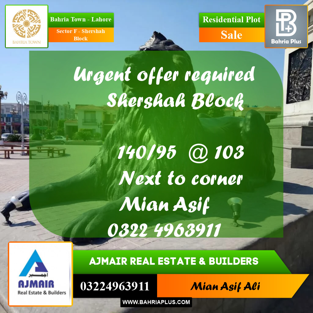 Residential Plot for Sale in Sector F - Shershah Block - Bahria Town, Lahore - (BP-221255)