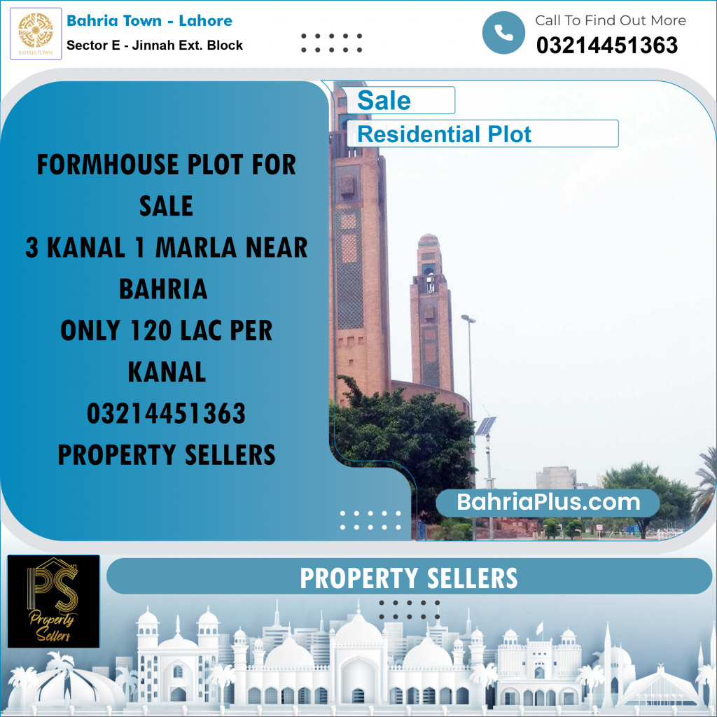 3 Kanal Residential Plot for Sale in Sector E - Jinnah Ext. Block -  Bahria Town, Lahore - (BP-221340)