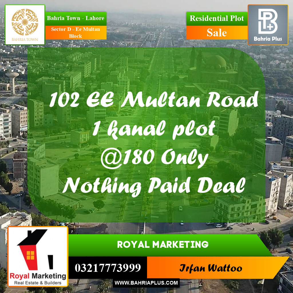 1 Kanal Residential Plot for Sale in Sector D - EE Multan Block -  Bahria Town, Lahore - (BP-221361)