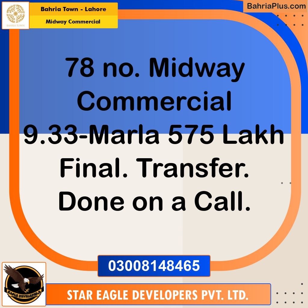 9.33 Marla Commercial Plot for Sale in Midway Commercial -  Bahria Town, Lahore - (BP-221372)