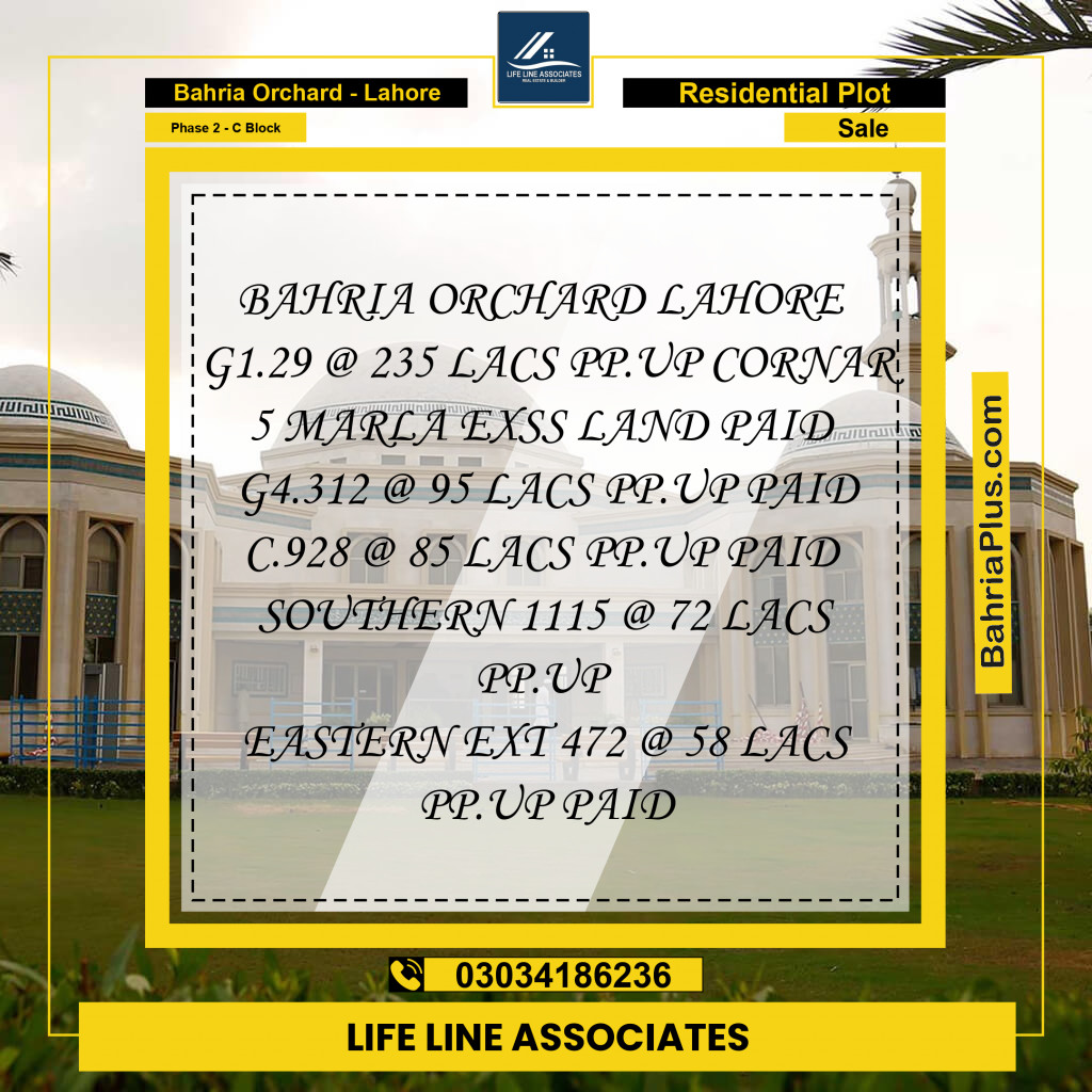 8 Marla Residential Plot for Sale in Phase 2 - C Block -  Bahria Orchard, Lahore - (BP-221378)
