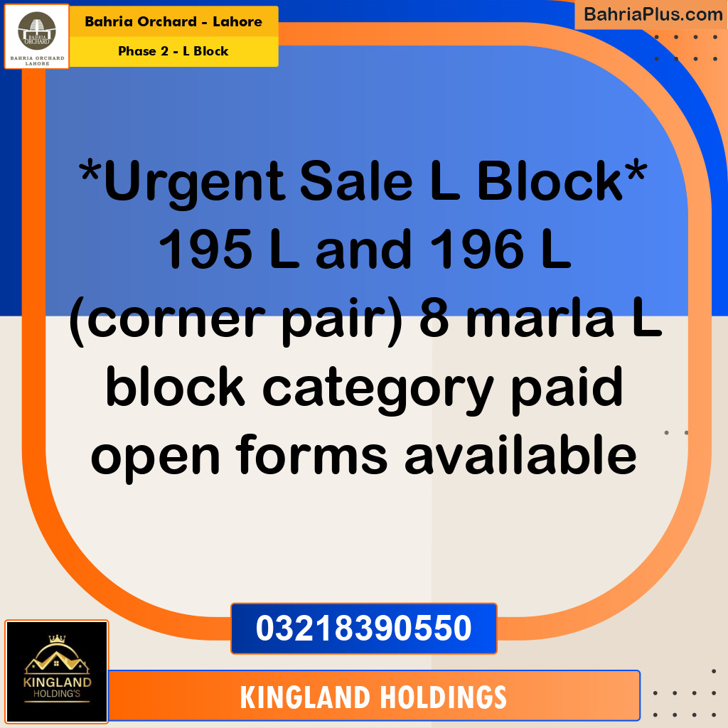 8 Marla Residential Plot for Sale in Phase 2 - L Block -  Bahria Orchard, Lahore - (BP-221491)