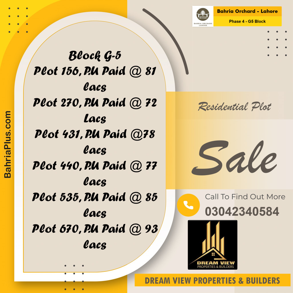 10 Marla Residential Plot for Sale in Phase 4 - G5 Block -  Bahria Orchard, Lahore - (BP-221543)