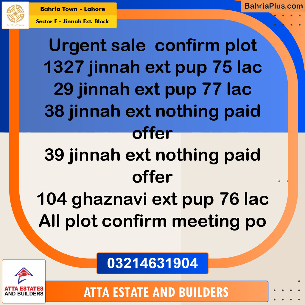 5 Marla Residential Plot for Sale in Sector E - Jinnah Ext. Block - Bahria Town, Lahore - (BP-221621)