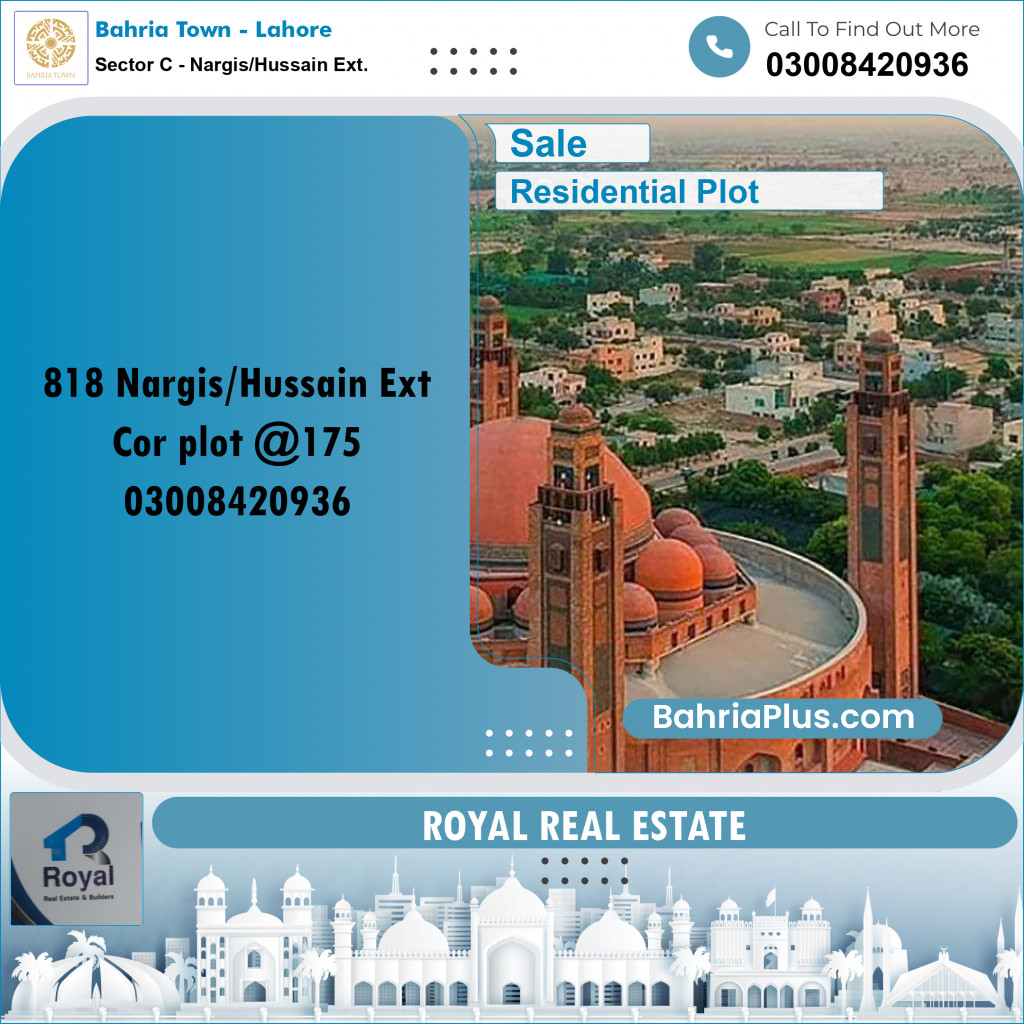 20 Marla Residential Plot for Sale in Sector C - Nargis/Hussain Ext. - Bahria Town, Lahore - (BP-221907)
