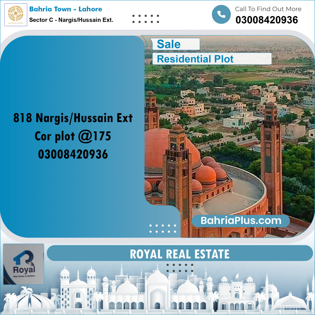 20 Marla Residential Plot for Sale in Sector C - Nargis/Hussain Ext. -  Bahria Town, Lahore - (BP-221907)