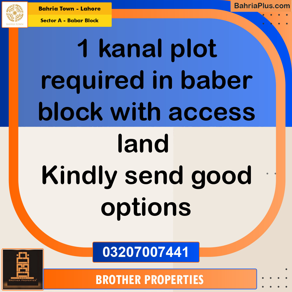 1 Kanal Residential Plot for Sale in Sector A - Babar Block -  Bahria Town, Lahore - (BP-221919)