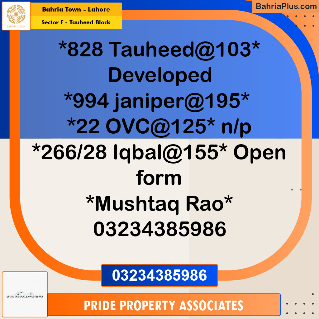 10 Marla Residential Plot for Sale in Sector F - Tauheed Block - Bahria Town, Lahore - (BP-222033)