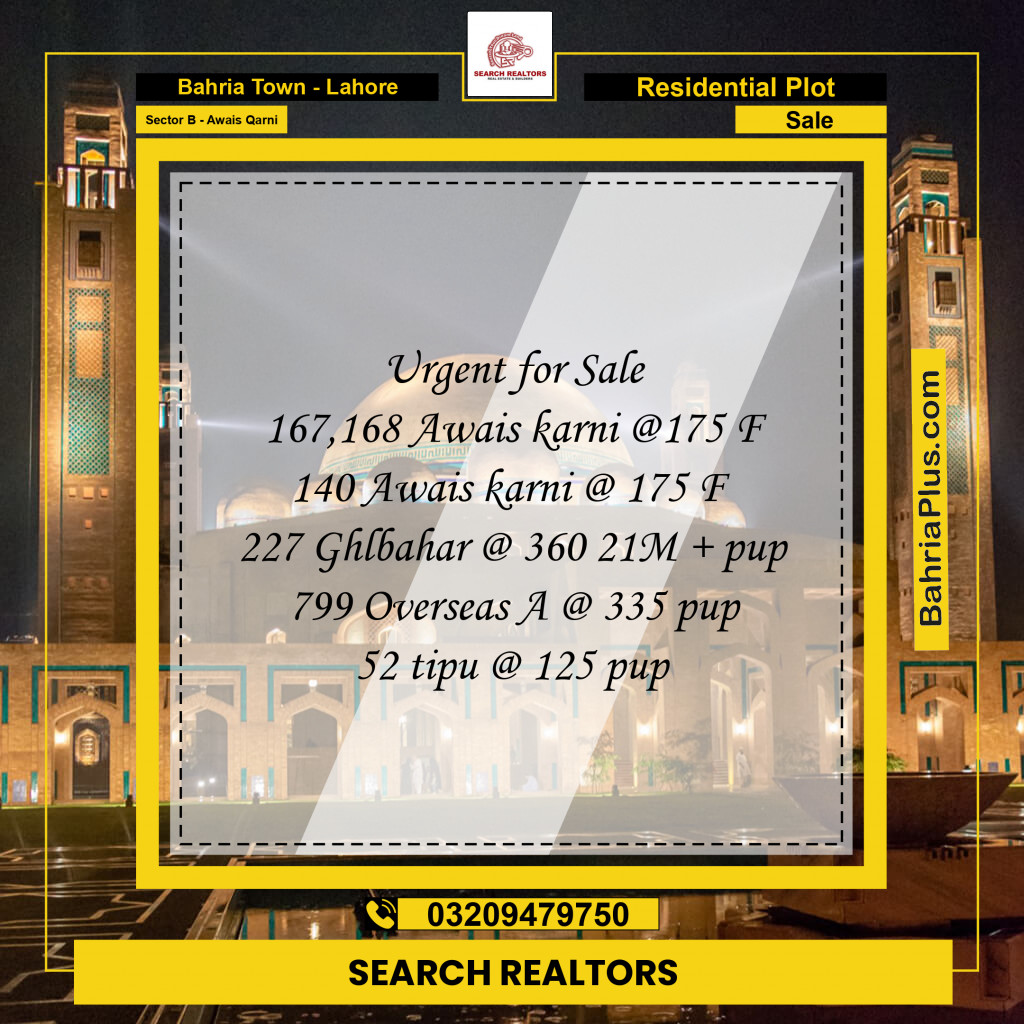 10 Marla Residential Plot for Sale in Sector B - Awais Qarni - Bahria Town, Lahore - (BP-222117)