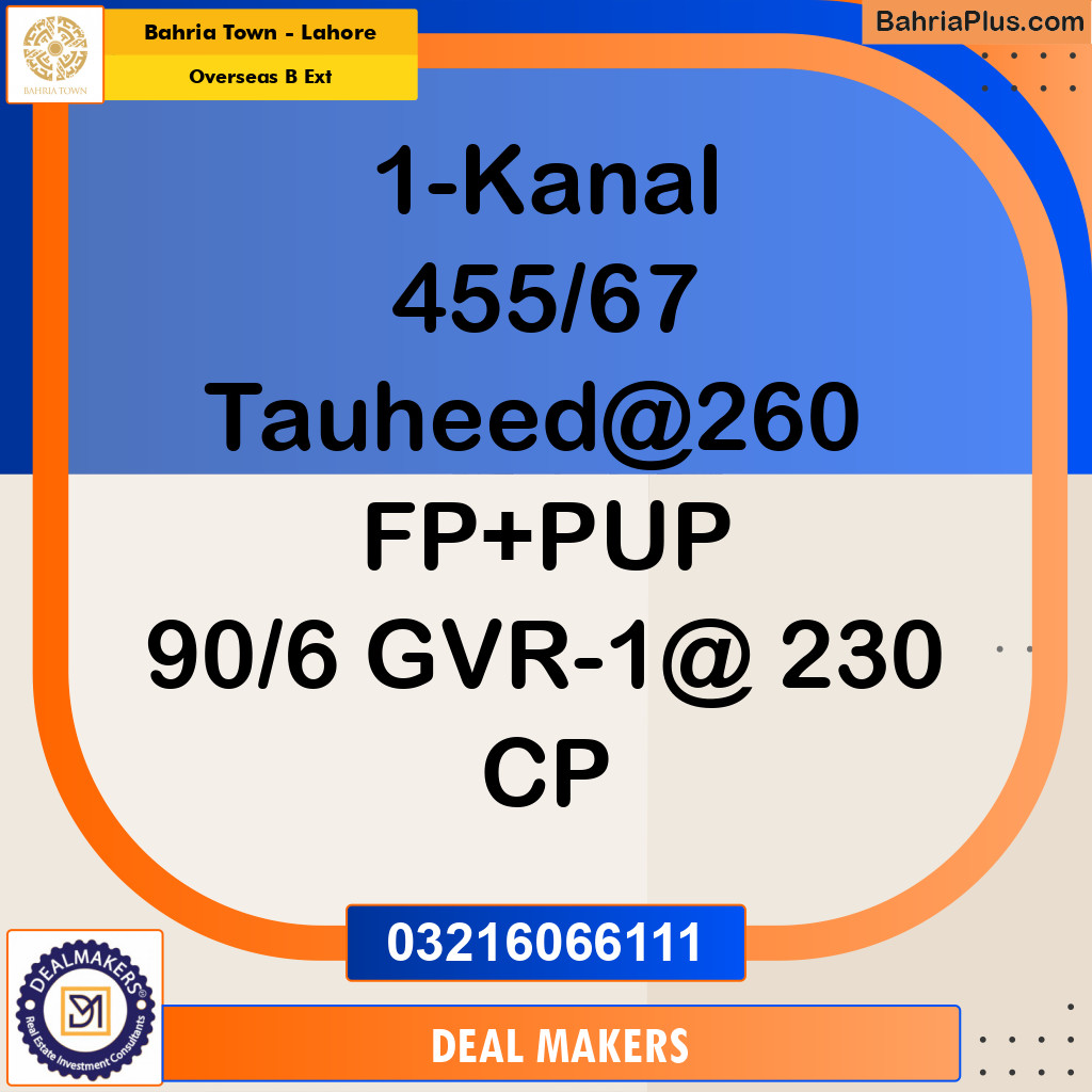 1 Kanal Residential Plot for Sale in Overseas B Ext - Bahria Town, Lahore - (BP-222236)