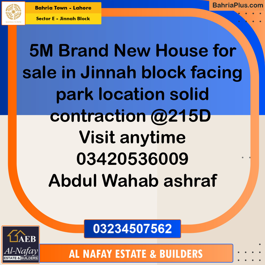 5 Marla Residential House for Sale in Sector E - Jinnah Block - Bahria Town, Lahore - (BP-222549)
