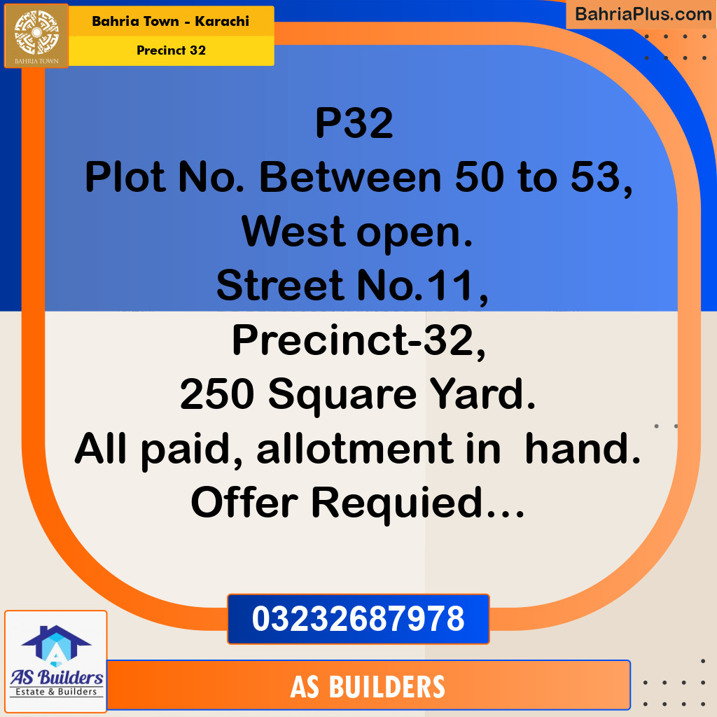 250 Sq. Yards Residential Plot for Sale in Precinct 32 -  Bahria Town, Karachi - (BP-222582)