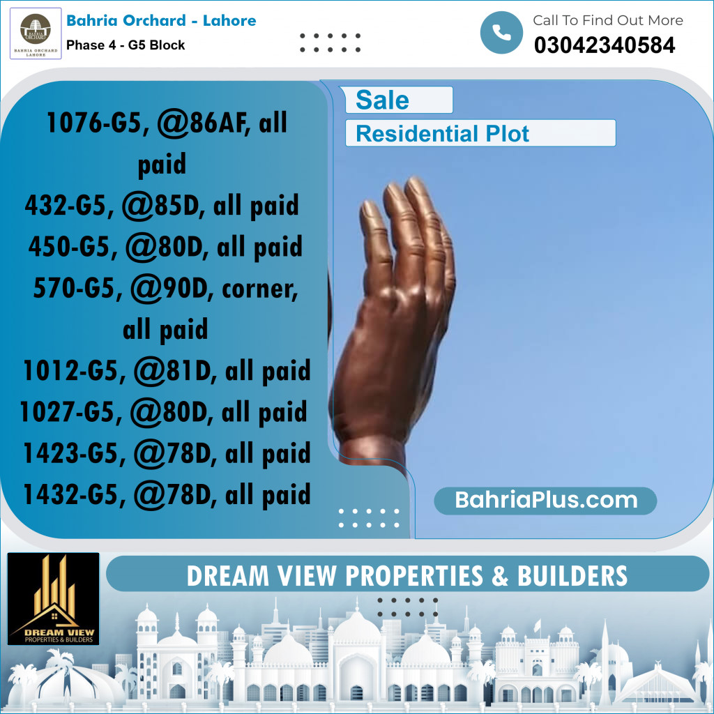 10 Marla Residential Plot for Sale in Phase 4 - G5 Block -  Bahria Orchard, Lahore - (BP-222617)