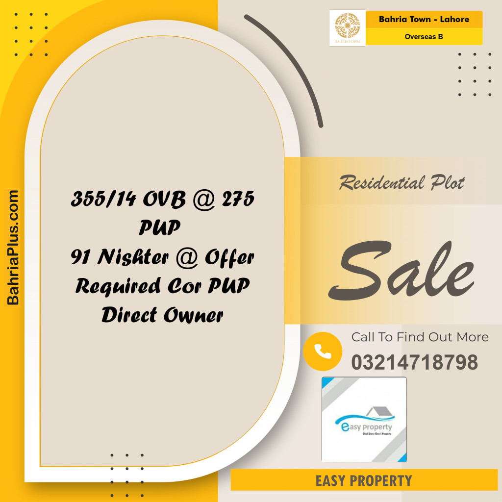 20 Marla Residential Plot for Sale in Overseas B -  Bahria Town, Lahore - (BP-222619)