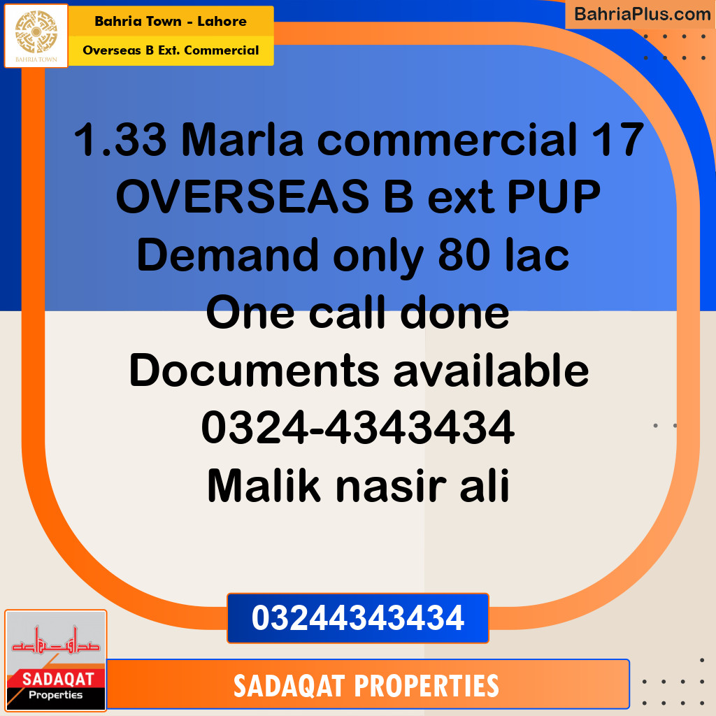 1.33 Marla Commercial Plot for Sale in Overseas B Ext. Commercial -  Bahria Town, Lahore - (BP-222677)