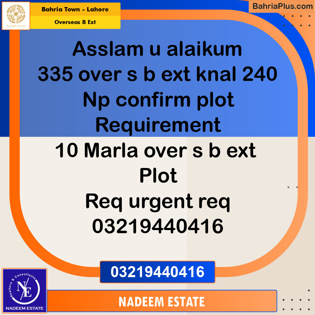 Residential Plot for Sale in Overseas B Ext - Bahria Town, Lahore - (BP-222919)