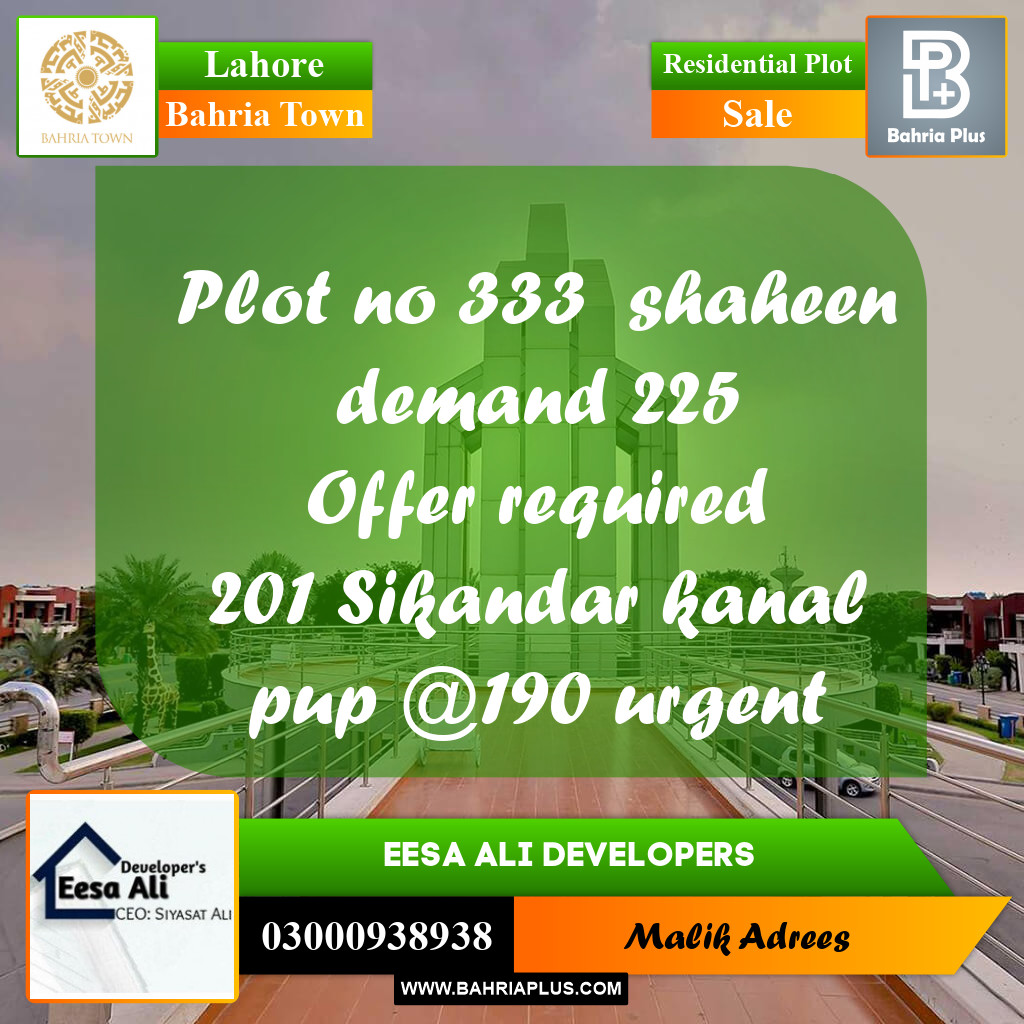 Residential Plot for Sale in Bahria Town, Lahore - (BP-223080)