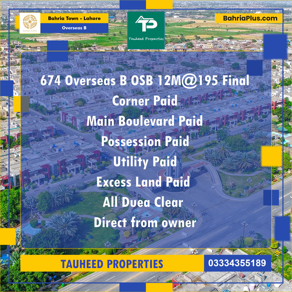 12 Marla Residential Plot for Sale in Overseas B -  Bahria Town, Lahore - (BP-223128)