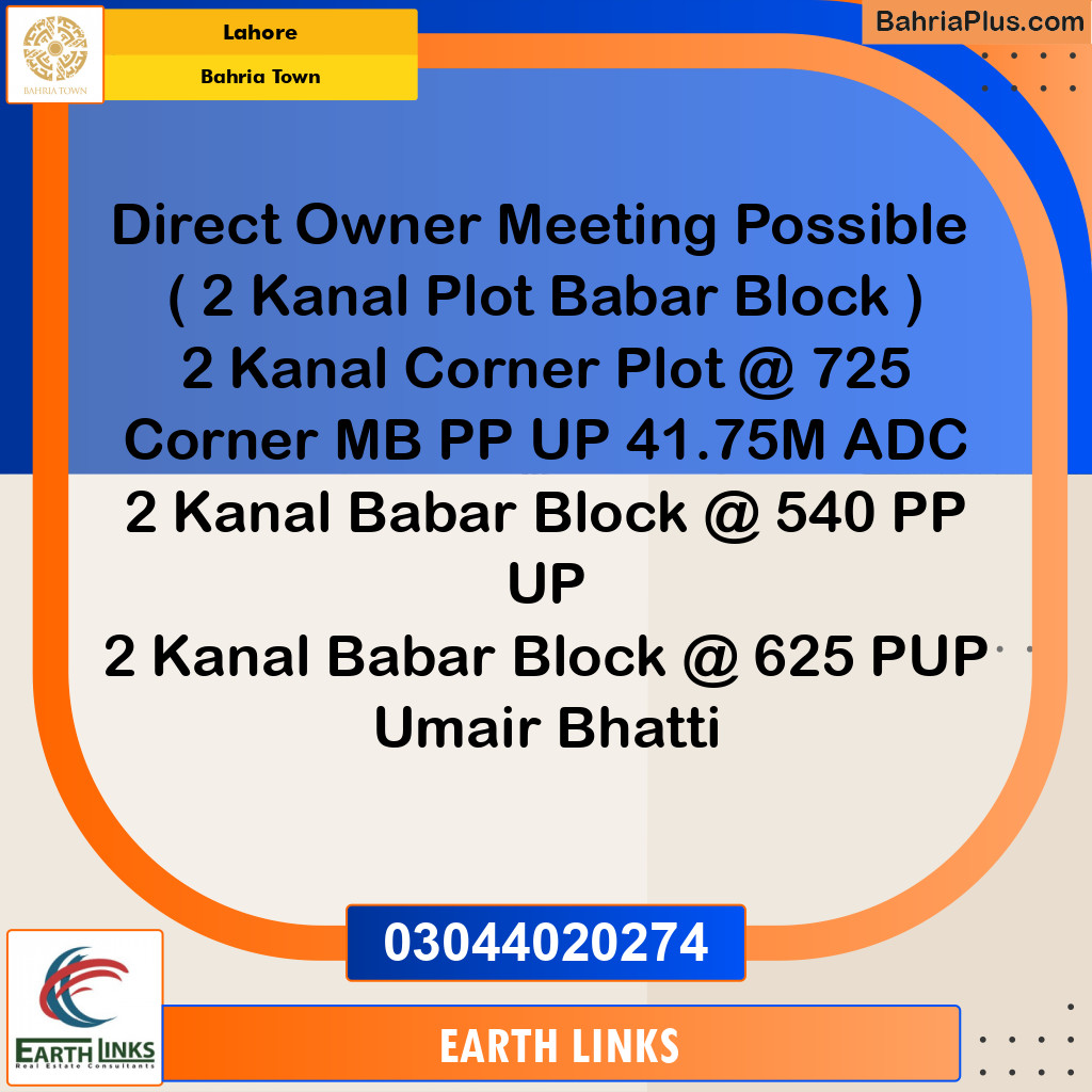 2 Kanal Residential Plot for Sale in Bahria Town, Lahore - (BP-223166)