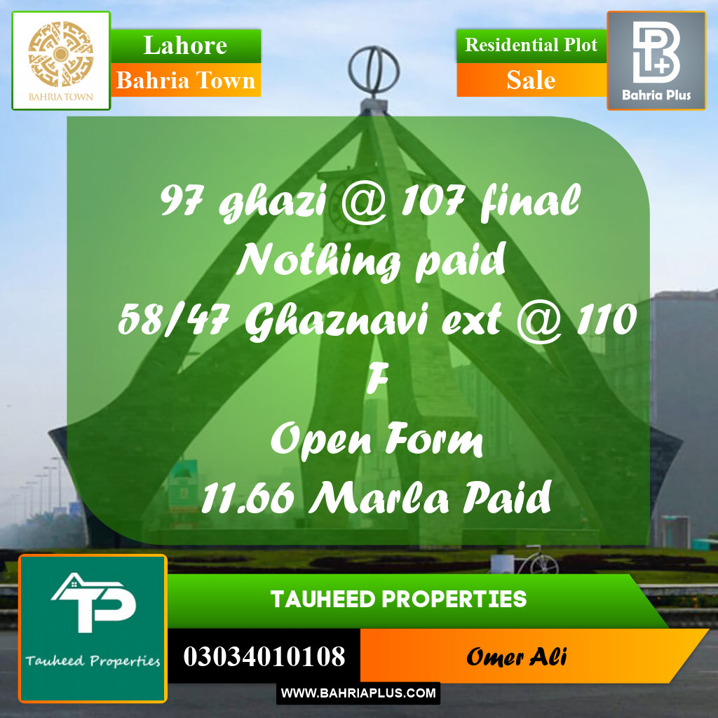 10 Marla Residential Plot for Sale in Bahria Town, Lahore - (BP-223173)