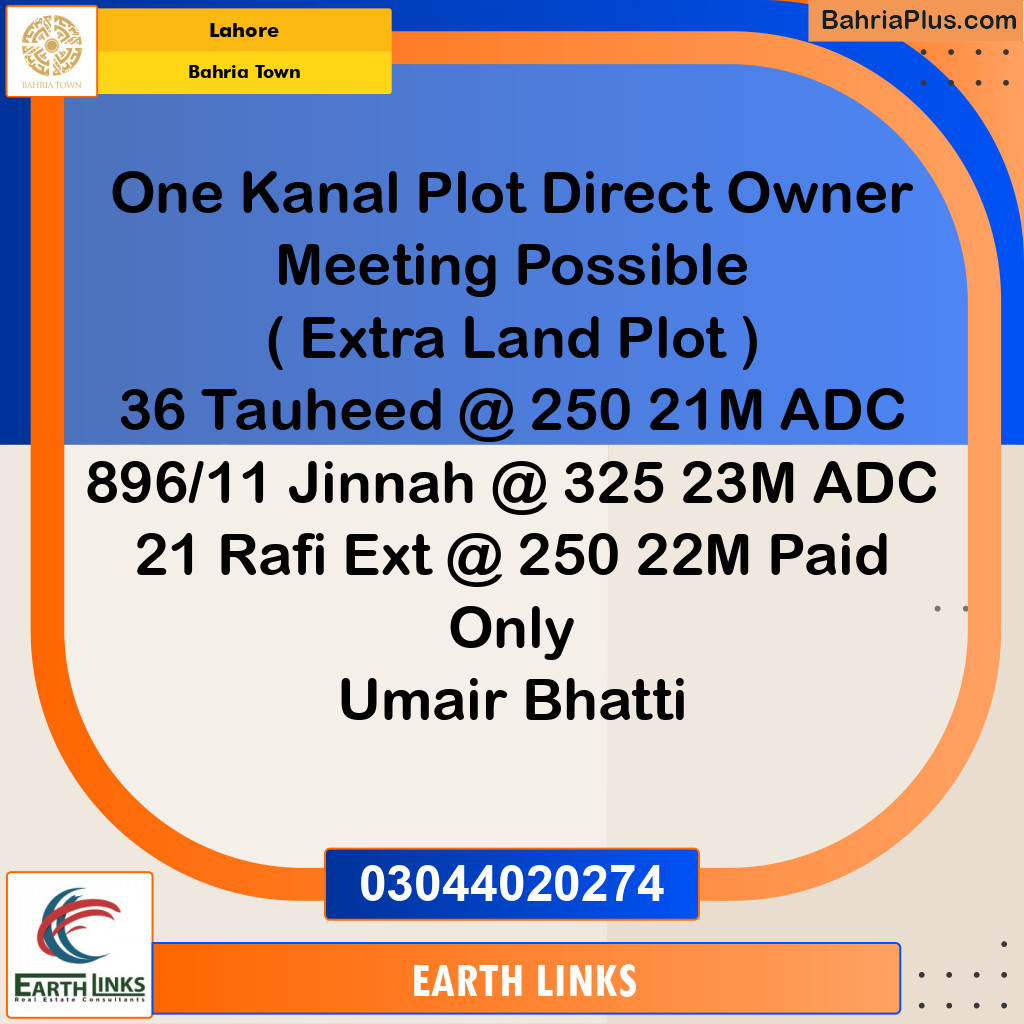 1 Kanal Residential Plot for Sale in Bahria Town, Lahore - (BP-223253)