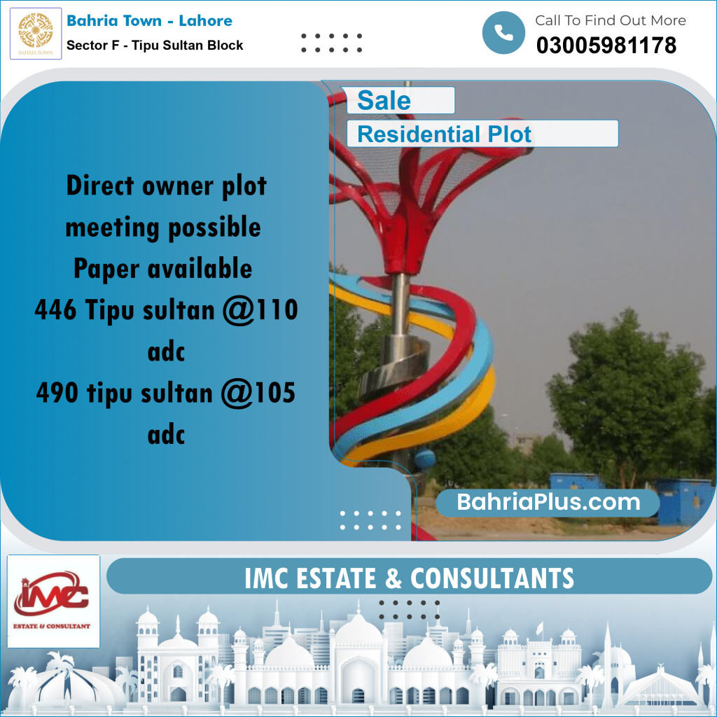 Residential Plot for Sale in Sector F - Tipu Sultan Block -  Bahria Town, Lahore - (BP-223262)