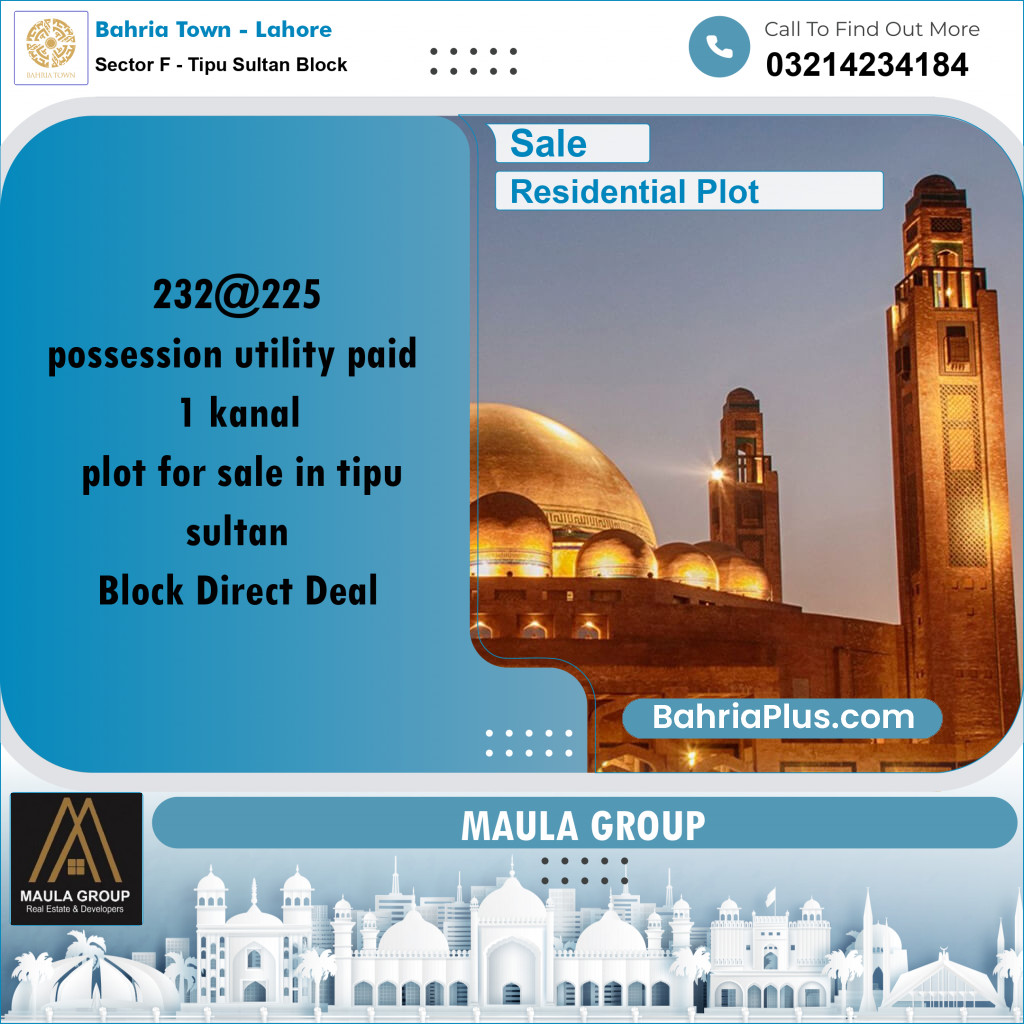 1 Kanal Residential Plot for Sale in Sector F - Tipu Sultan Block -  Bahria Town, Lahore - (BP-223266)