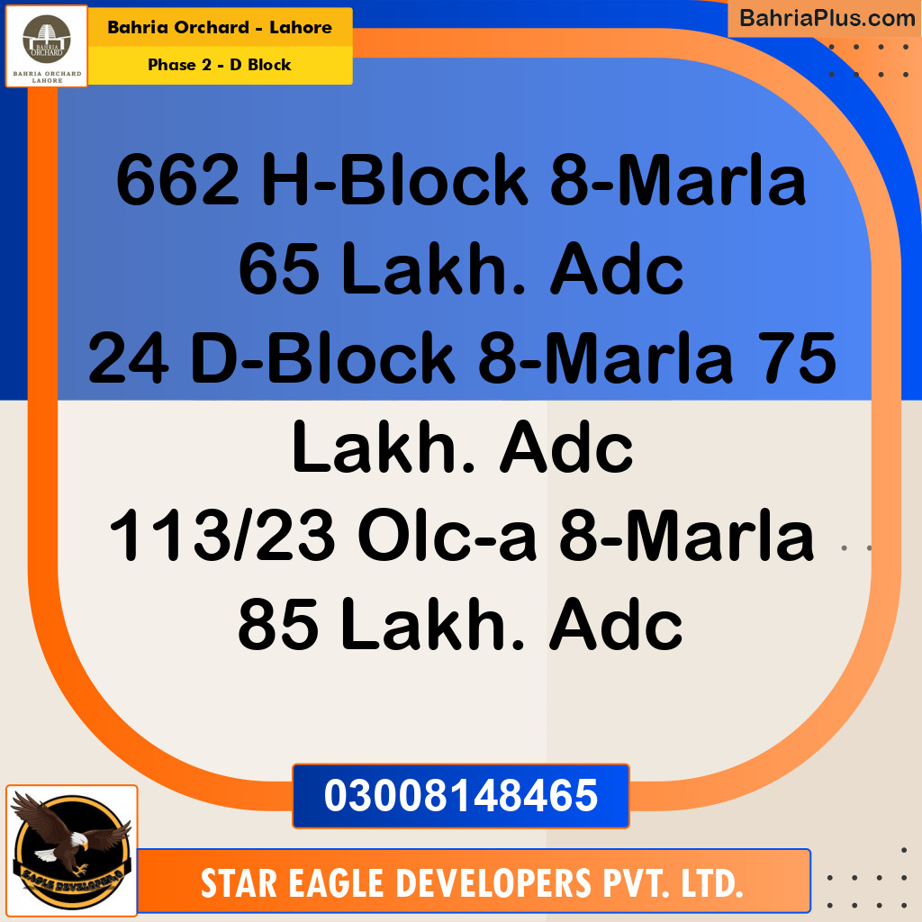 8 Marla Residential Plot for Sale in Phase 2 - D Block -  Bahria Orchard, Lahore - (BP-223270)