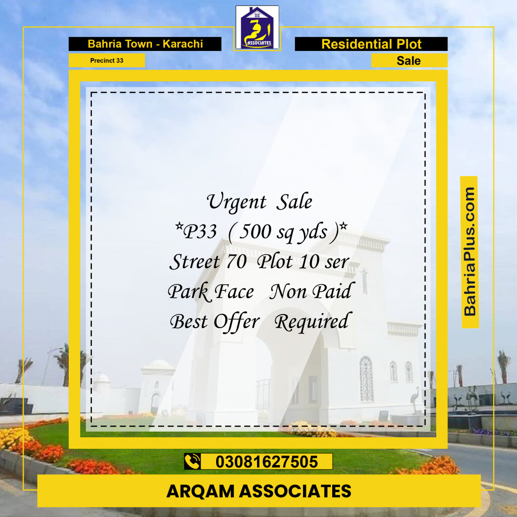 500 Sq. Yards Residential Plot for Sale in Precinct 33 - Bahria Town, Karachi - (BP-223347)