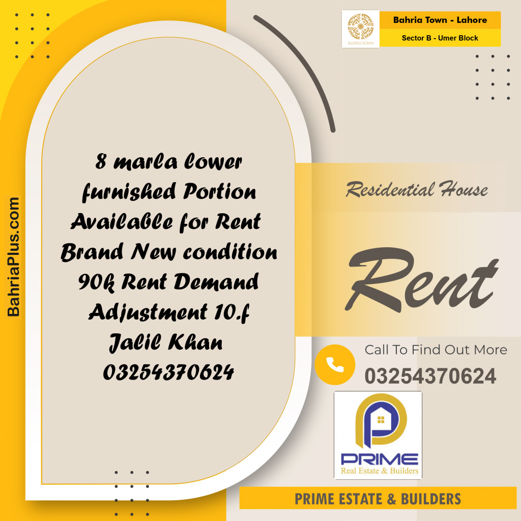 8 Marla Residential House for Rent in Sector B - Umer Block - Bahria Town, Lahore - (BP-223361)