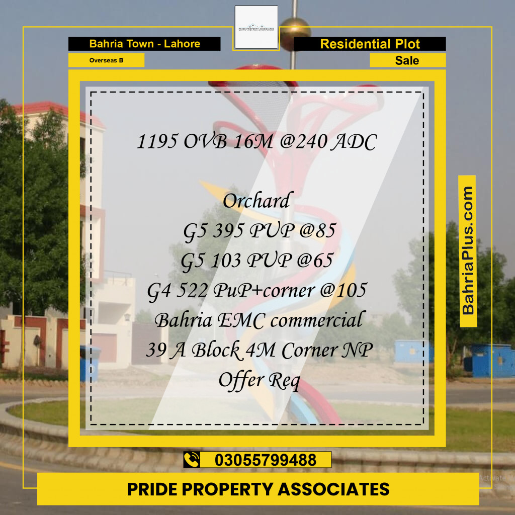 16 Marla Residential Plot for Sale in Overseas B - Bahria Town, Lahore - (BP-223621)