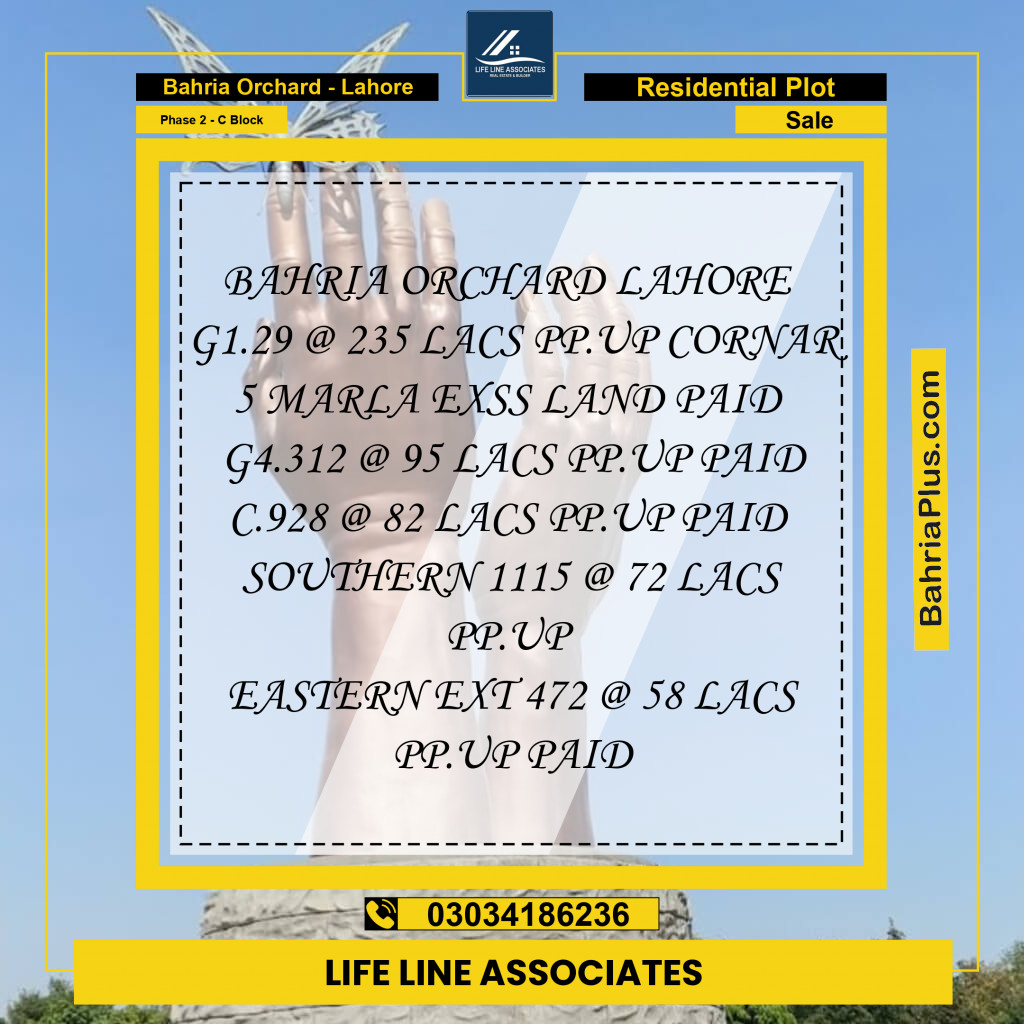 8 Marla Residential Plot for Sale in Phase 2 - C Block -  Bahria Orchard, Lahore - (BP-224102)