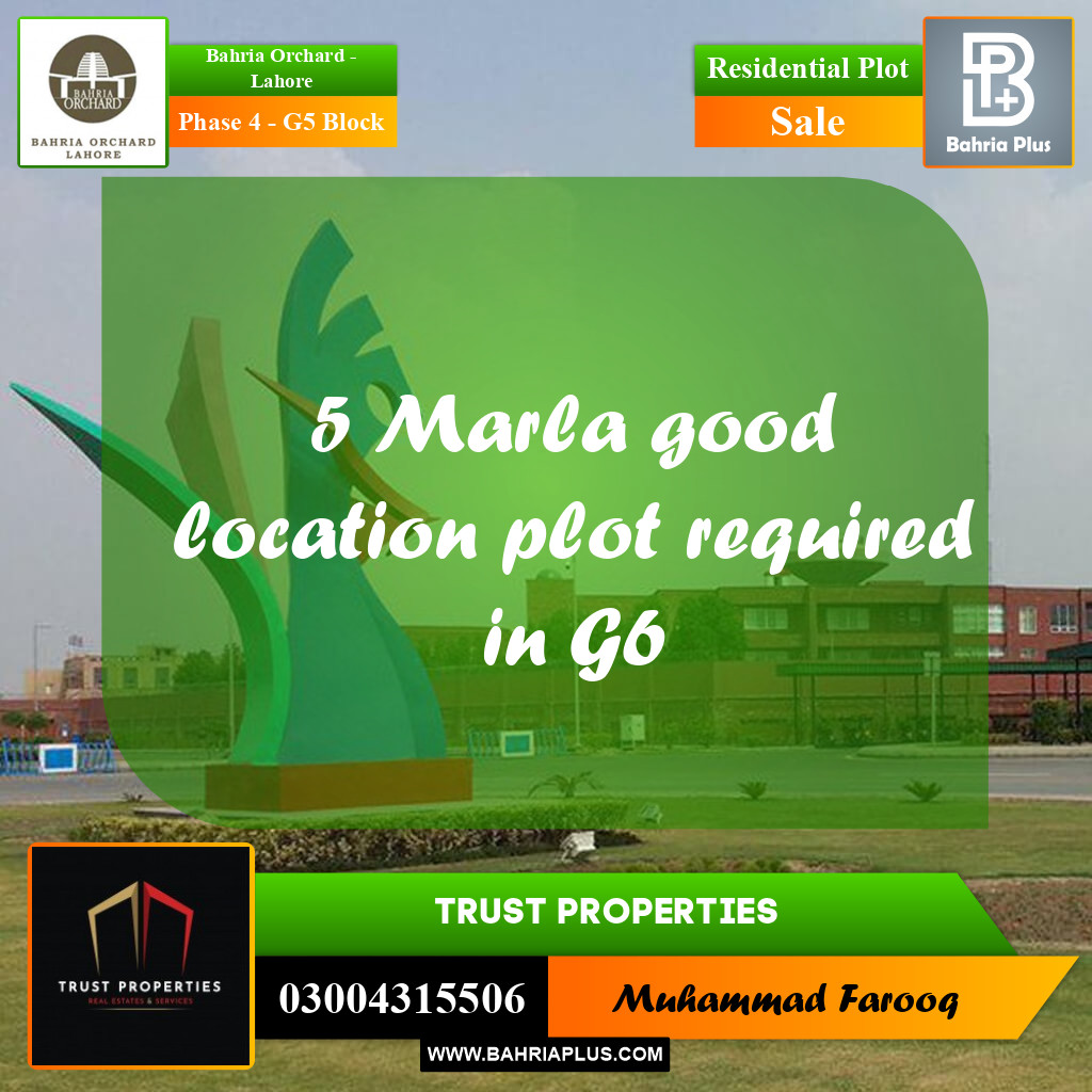 5 Marla Residential Plot for Sale in Phase 4 - G5 Block -  Bahria Orchard, Lahore - (BP-224406)